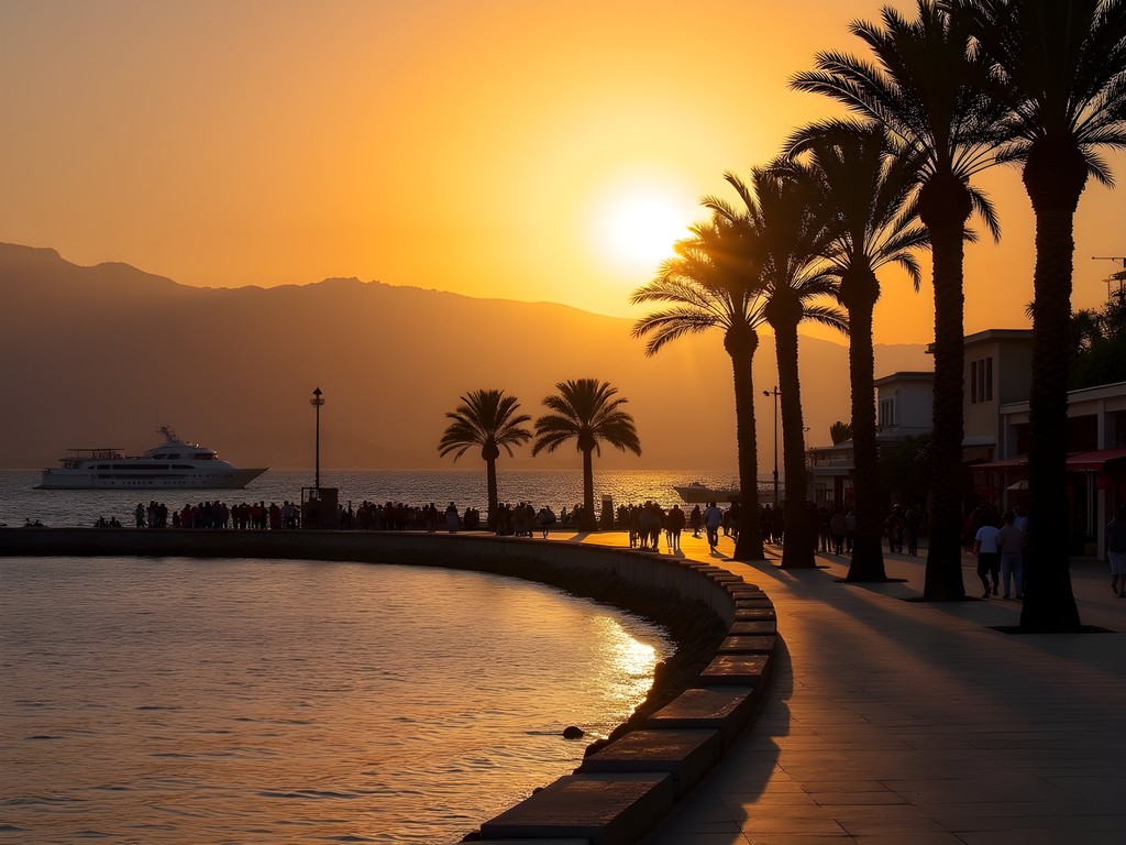 Sunset view over Izmir's Kordon waterfront promenade