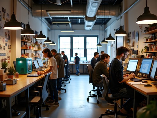 Busy creative makerspace workshop in Jersey City with diverse makers collaborating