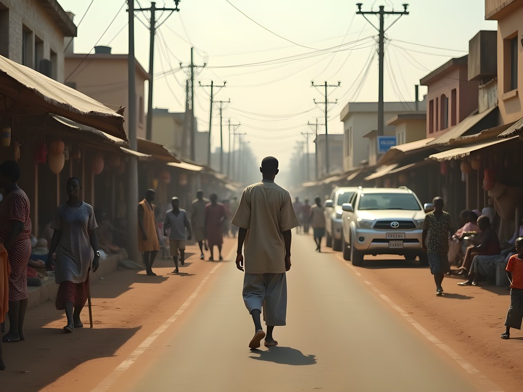 Busy daytime street scene in Kaduna with the author navigating local life