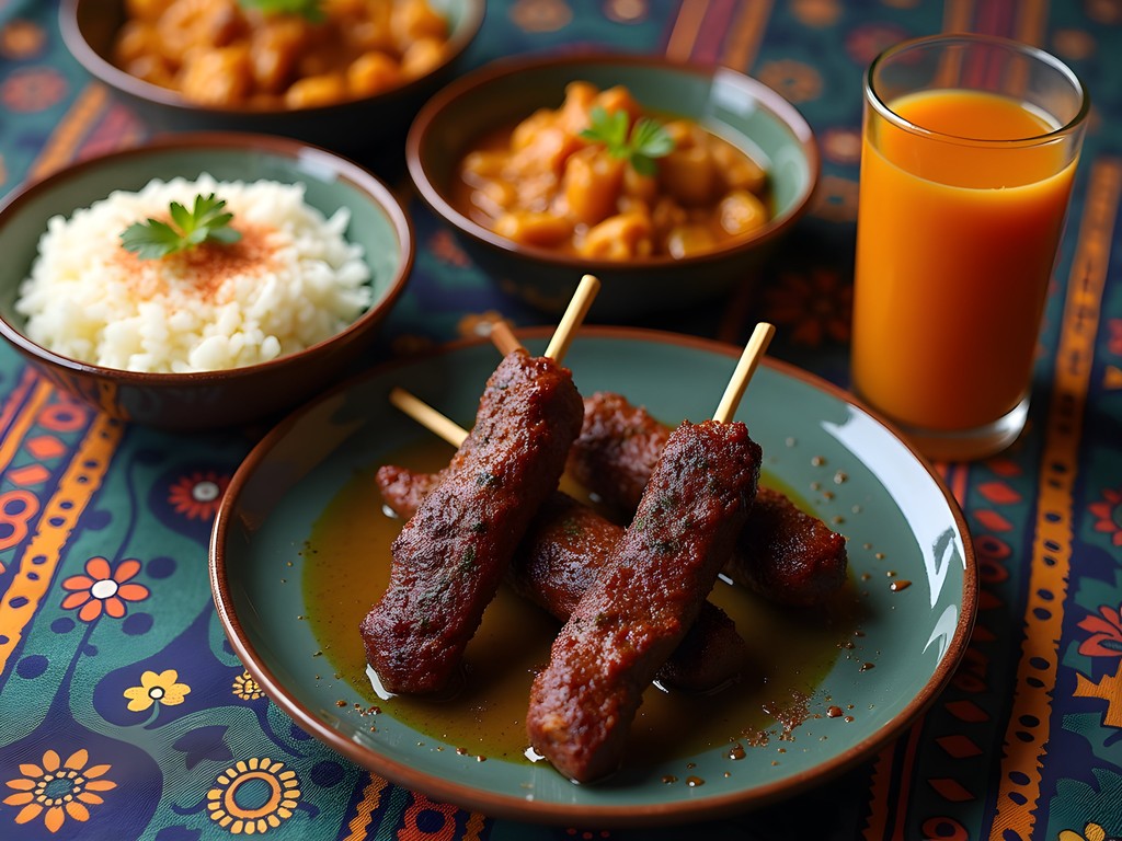 Traditional Northern Nigerian food spread including suya skewers and tuwo shinkafa