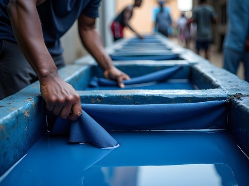 Traditional indigo dye pits at Kofar Mata in Kano with artisans working with fabric