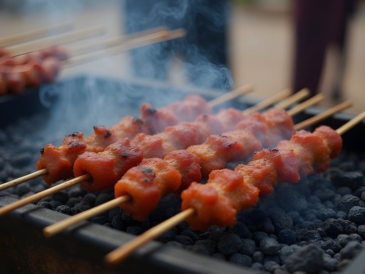 Traditional suya meat being grilled by street food vendor in Kano, Nigeria