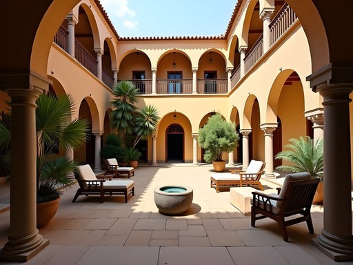 Traditional Hausa architecture and courtyard of mid-range accommodation in Kano