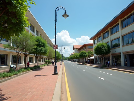 Clean, well-maintained street in Kigali business district with pedestrian walkways and greenery