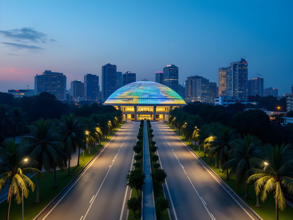 Kigali skyline featuring the illuminated dome of Kigali Convention Centre at dusk
