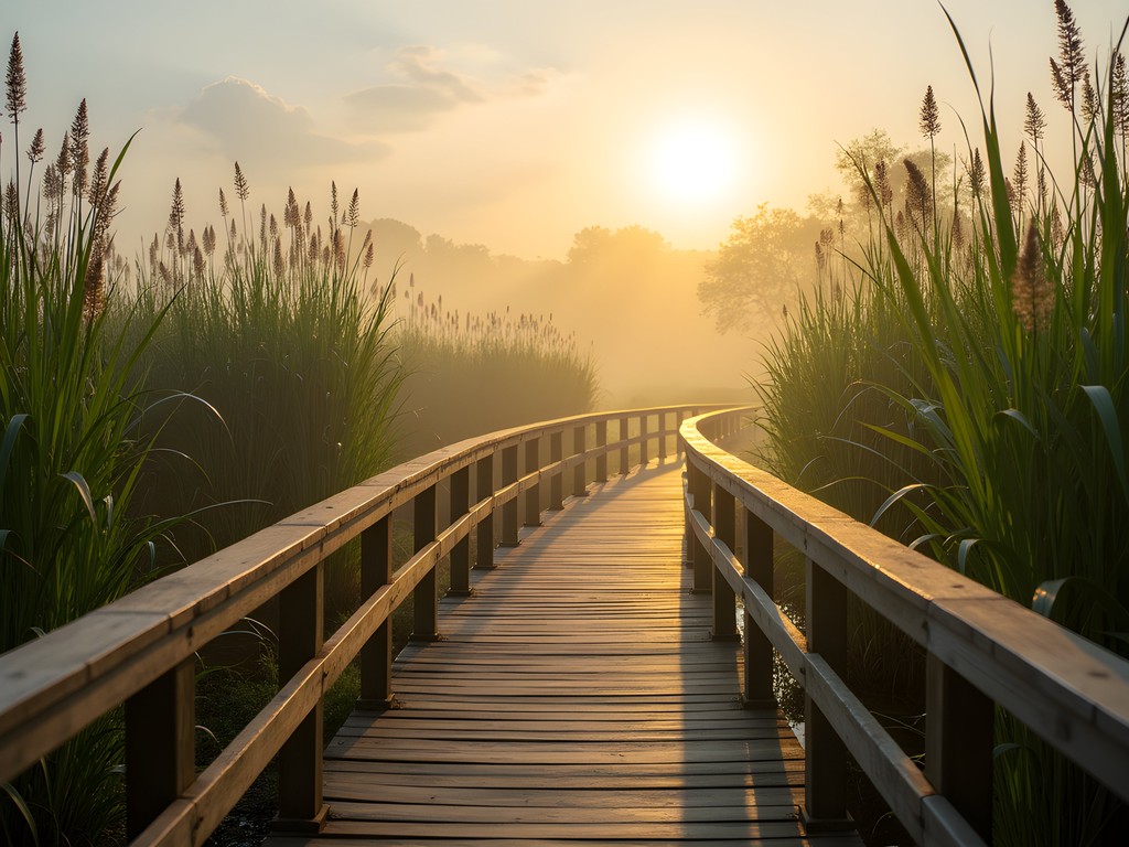Wooden boardwalk through Nyandungu Urban Wetland Eco-Tourism Park in early morning light