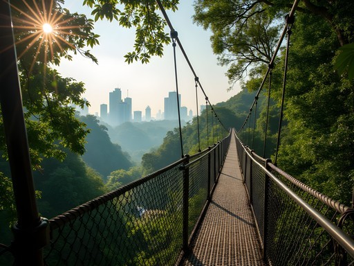 Suspended canopy walkway through lush rainforest at KL Forest Eco Park with city skyline visible beyond