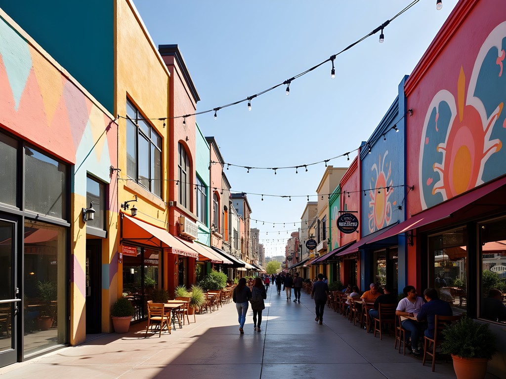 Colorful street art murals in Las Vegas Arts District with local cafes