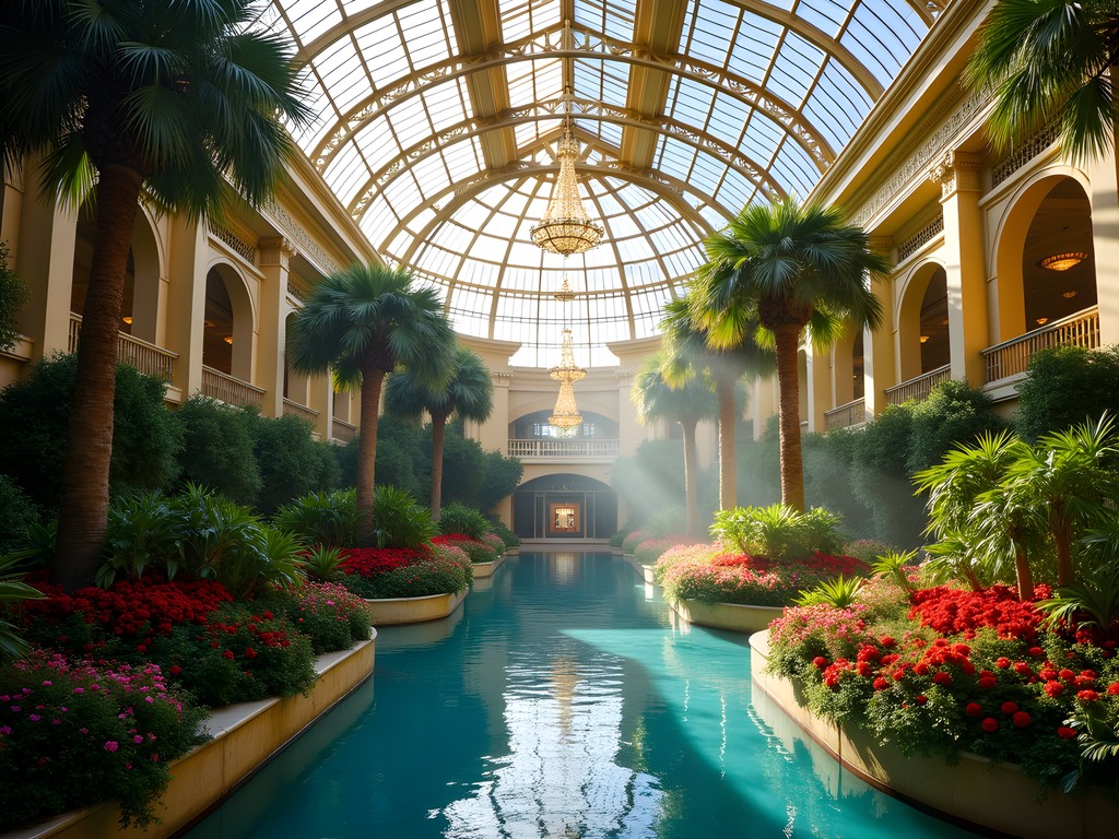 Early morning light streaming through Bellagio Conservatory's seasonal display
