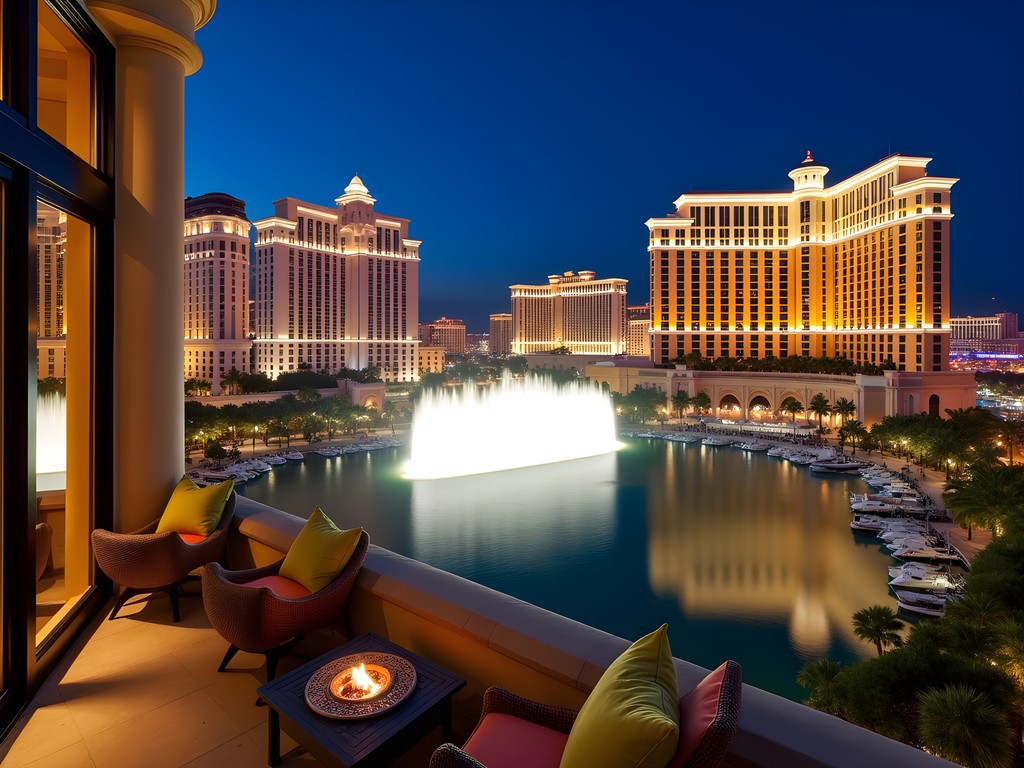 Evening view from Cosmopolitan hotel terrace overlooking Bellagio fountains
