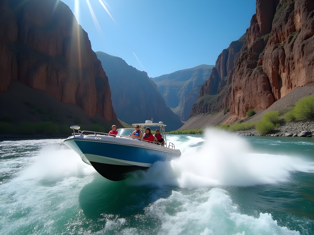 Jet boat navigating through Hells Canyon on the Snake River with dramatic basalt cliffs rising thousands of feet overhead