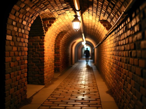 Historic underground tunnels beneath downtown Lewiston with brick archways and atmospheric lighting
