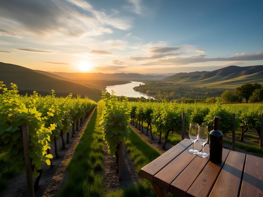 Panoramic view of Lewiston vineyards with Snake River valley and golden hills at sunset