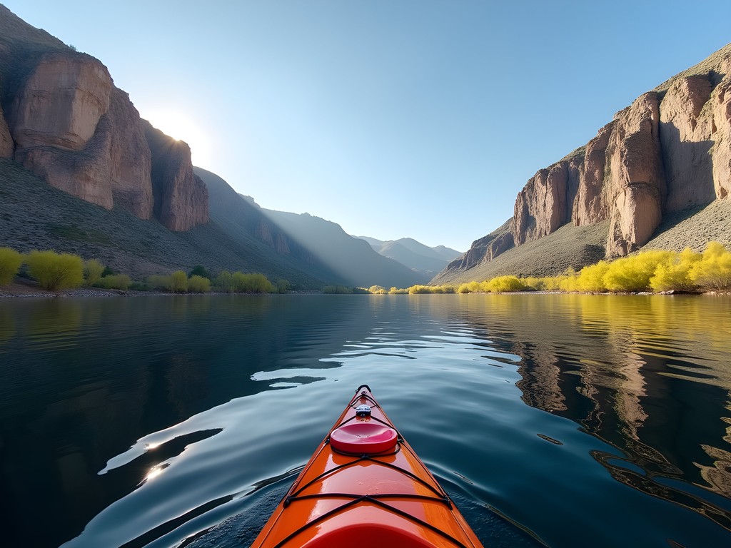 Kayaking on the Snake River with basalt cliffs in background near Lewiston, Idaho