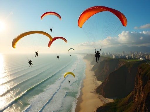 Colorful paragliders soaring over the Pacific Ocean along Lima's Miraflores coast