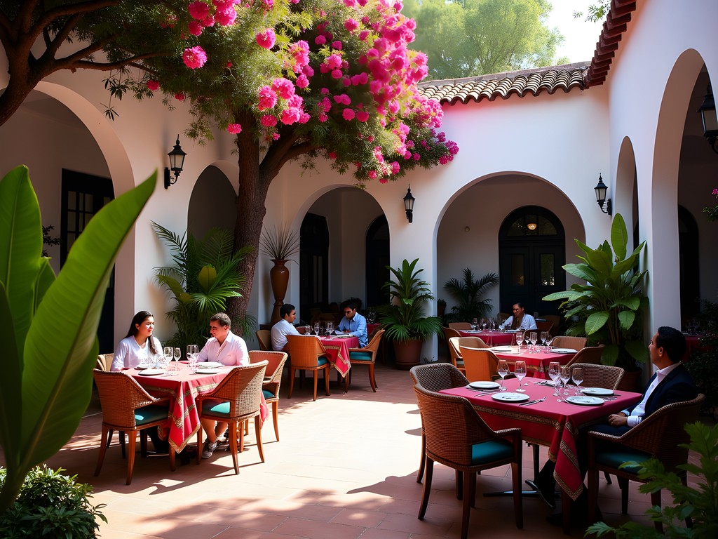 Lush garden restaurant at Larco Museum in Lima with pre-Columbian artifacts
