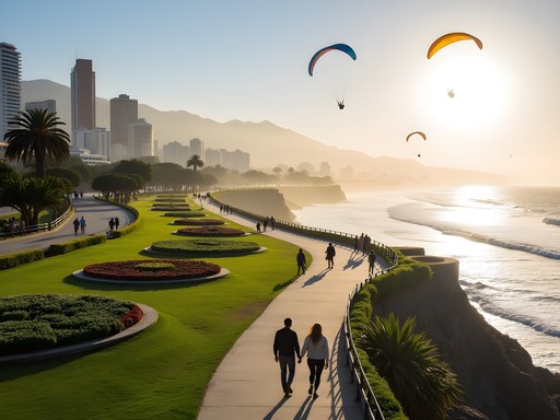 Panoramic view of Lima's Malecón coastal pathway with Pacific Ocean views