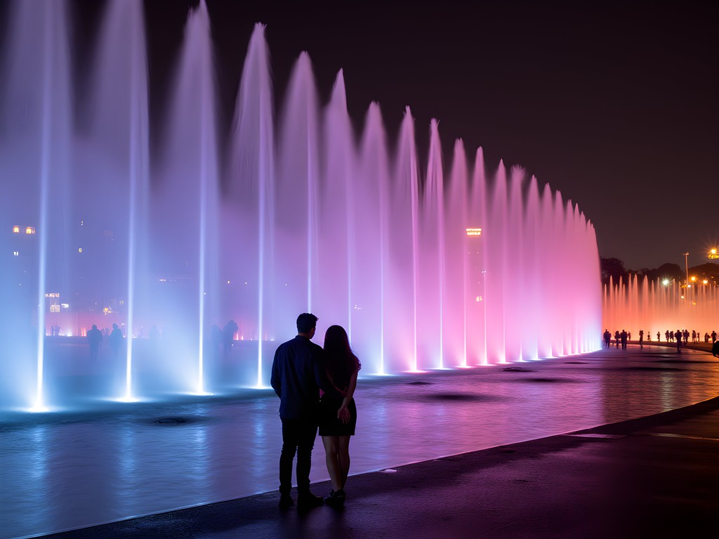 Colorful illuminated fountains at Lima's Magic Water Circuit night show