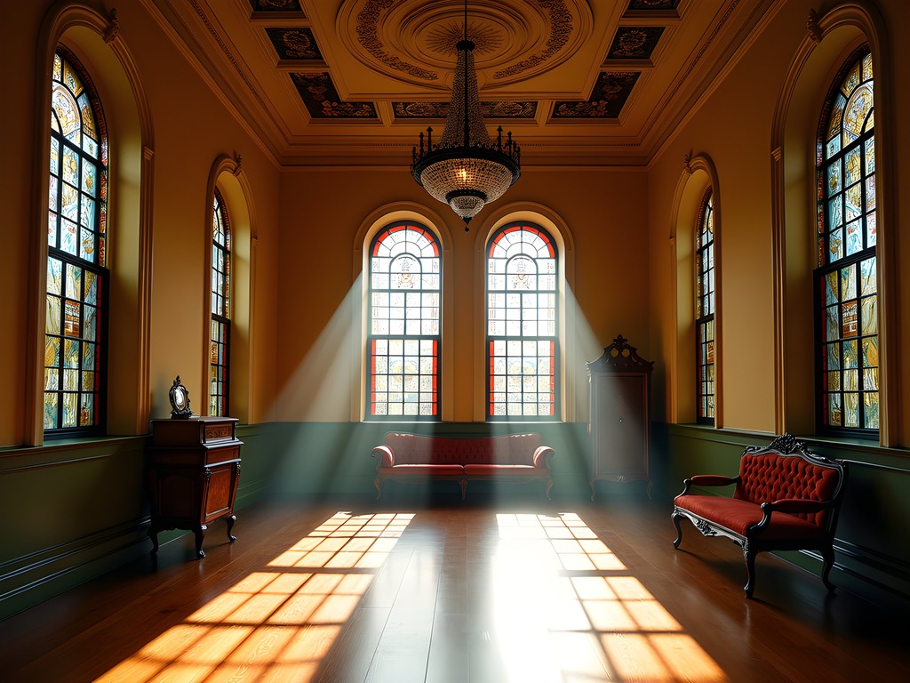 Morning light streaming through stained glass windows at Hay House in Macon, Georgia