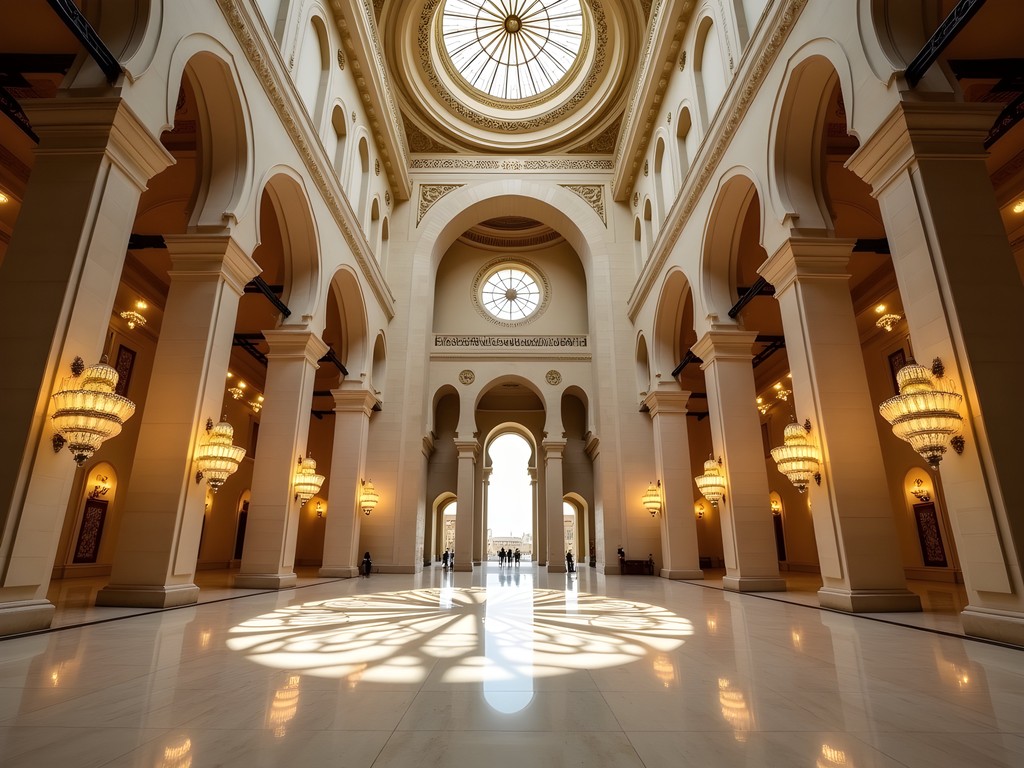 Ornate interior of Al Fateh Grand Mosque in Manama showing massive fiberglass dome and Islamic architecture