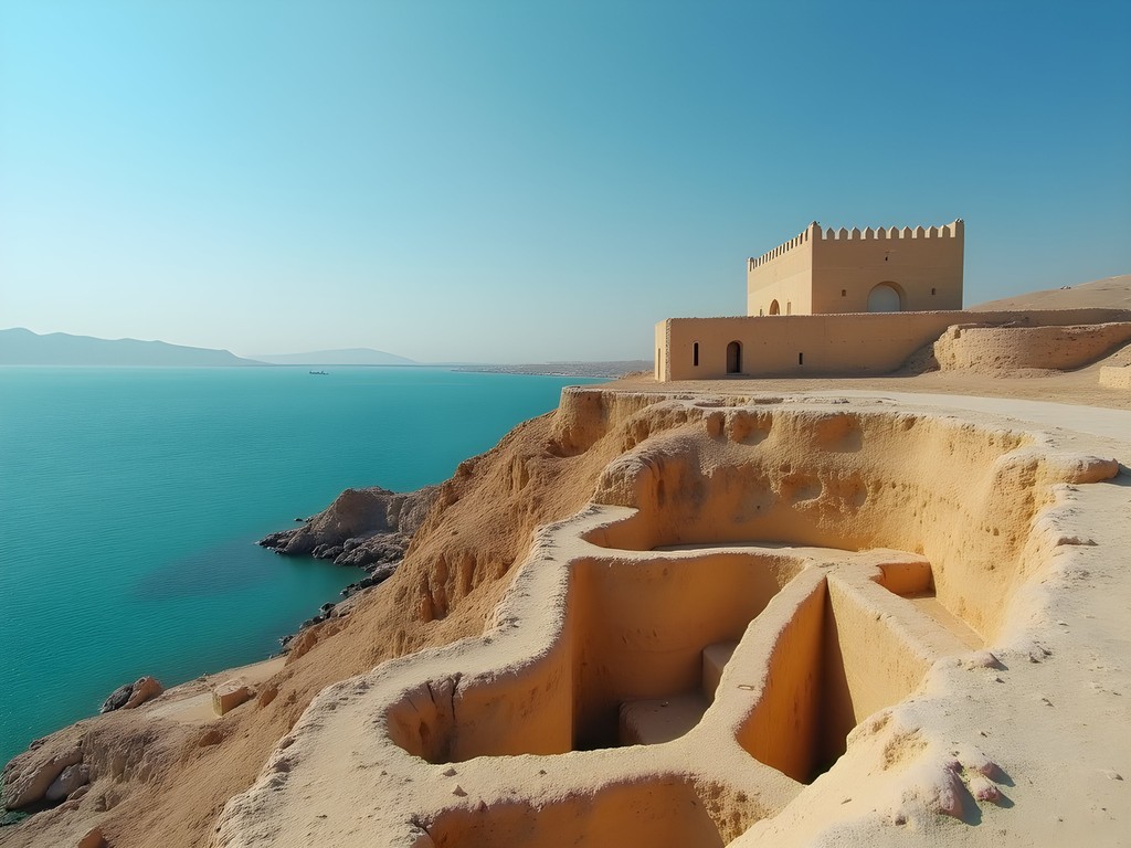 Ancient Bahrain Fort overlooking turquoise waters with archaeological excavation layers visible