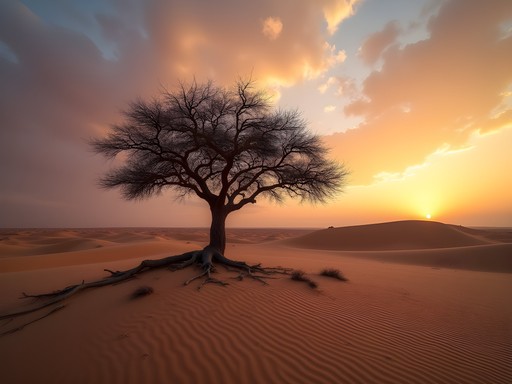 Solitary Tree of Life in Bahrain desert at sunset with dramatic sky and sand dunes