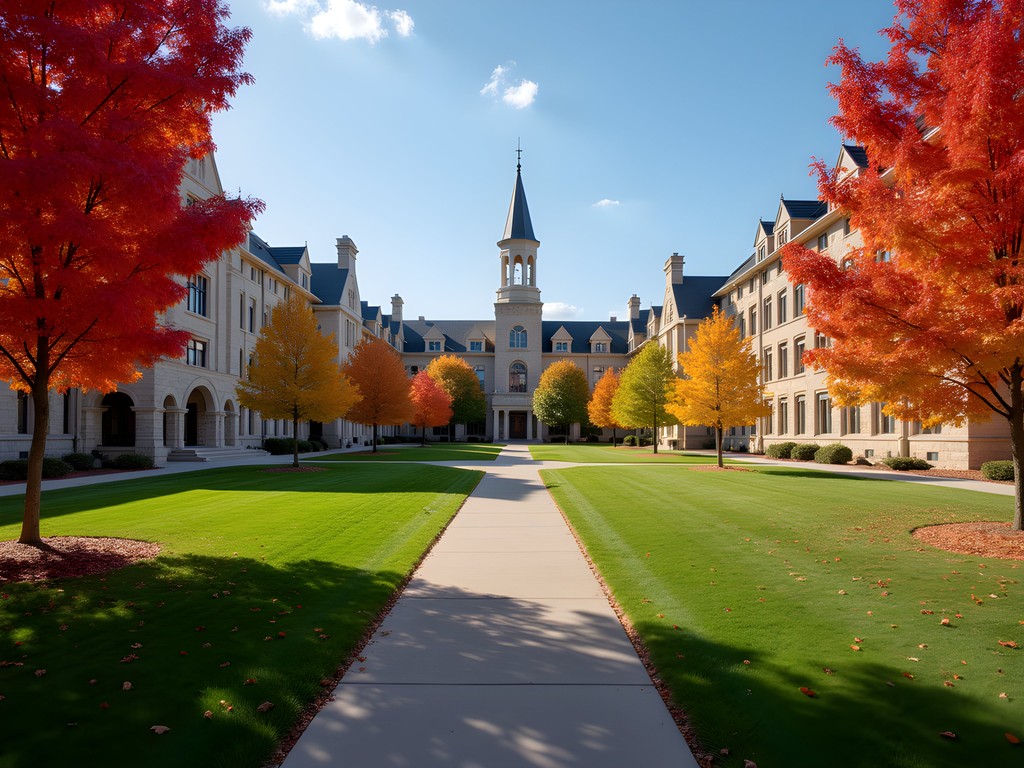 Kansas State University campus with fall foliage and limestone buildings