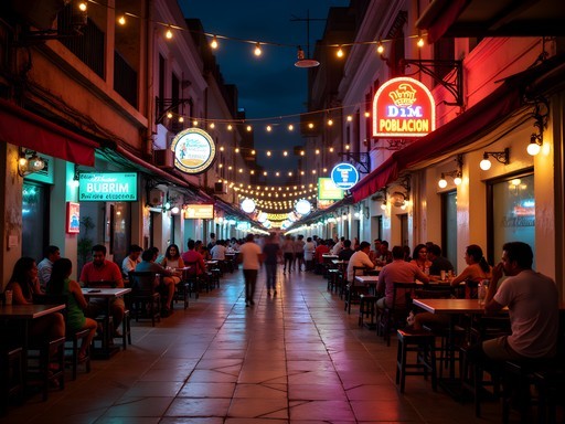 Vibrant nightlife street scene in Poblacion, Makati with colorful bar fronts and locals enjoying evening entertainment