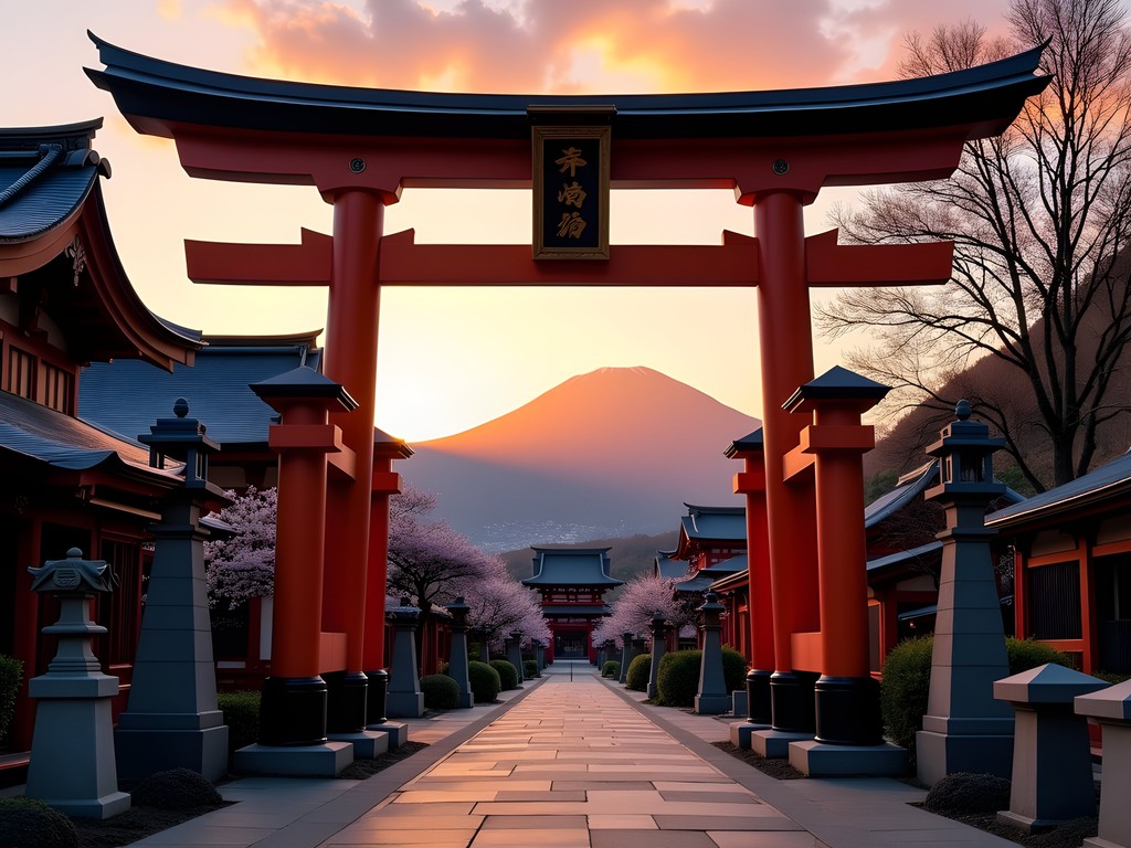 Traditional Japanese shrine gates silhouetted against sunset with Japanese Alps mountains in background