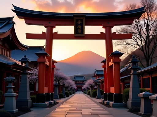 Traditional Japanese shrine gates silhouetted against sunset with Japanese Alps mountains in background