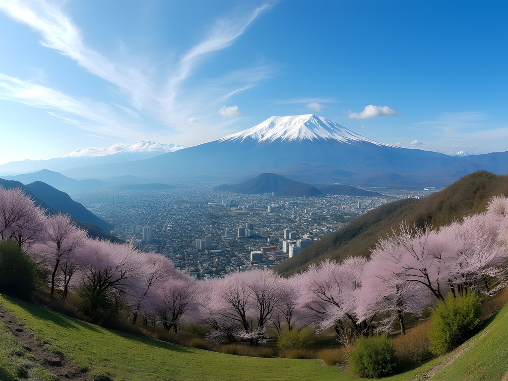 Panoramic view of Matsumoto city and Japanese Alps mountains from Alps Park observation deck