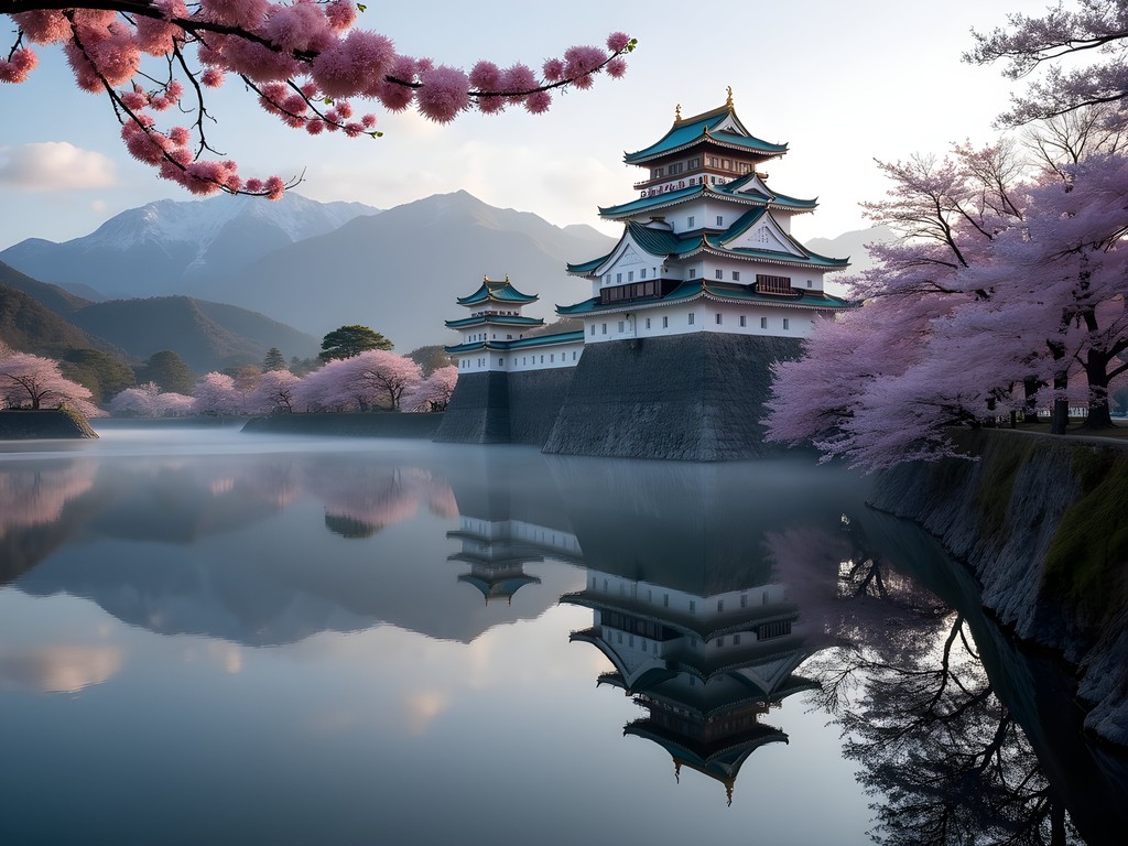 Matsumoto Castle with reflection in moat during early morning light with Japanese Alps in background