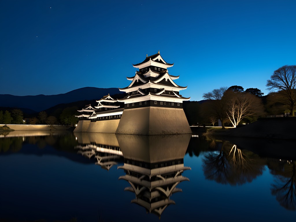 Matsumoto Castle illuminated at night with perfect reflection in moat waters