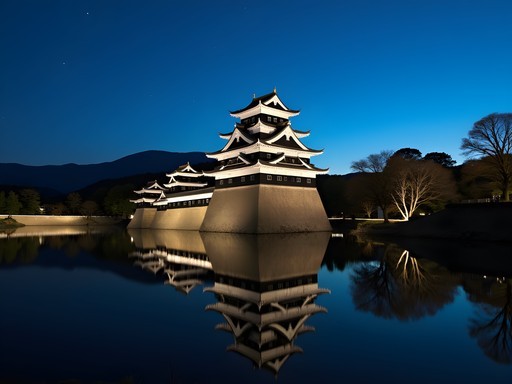 Matsumoto Castle illuminated at night with perfect reflection in moat waters