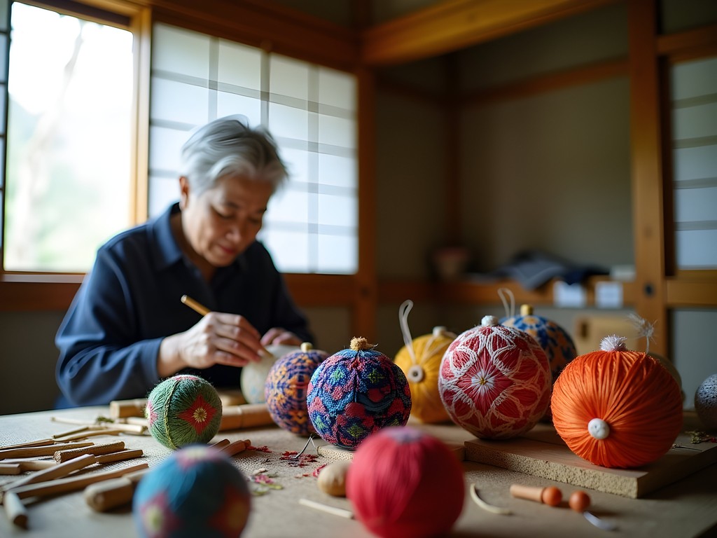 Traditional Japanese temari ball making workshop in Matsumoto with colorful thread balls