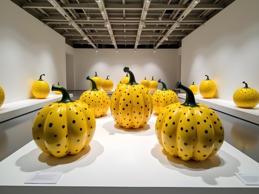 Colorful polka dot pumpkin sculptures by Yayoi Kusama at Matsumoto City Museum of Art