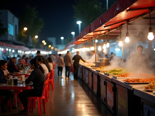 Vibrant night market food stalls in Medan with colorful lighting