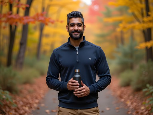Travel blogger Jordan Khan on autumn trail in Merrimack conservation area