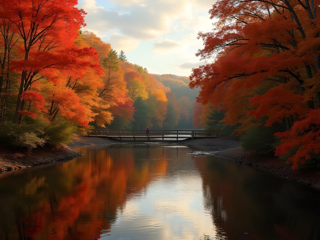 Merrimack River with vibrant fall foliage reflecting in calm waters during golden hour