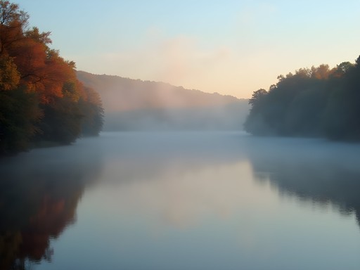 Morning mist rising from Merrimack River with autumn trees in background