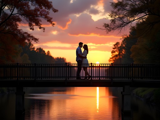 Couple silhouette watching sunset from Twin Bridge over Merrimack River in fall