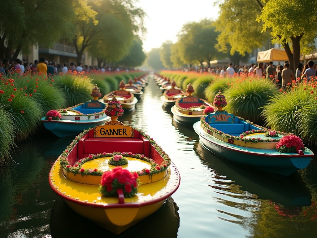 Colorful trajinera boats on Xochimilco canals with floating gardens