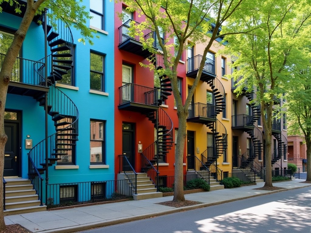 Colorful row houses with spiral staircases in Plateau Mont-Royal neighborhood