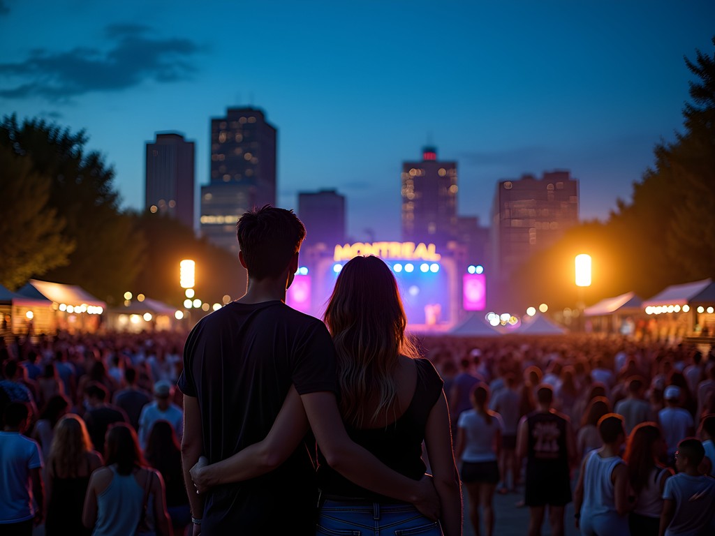 Nighttime festival scene in Montreal with lights, performers and audience