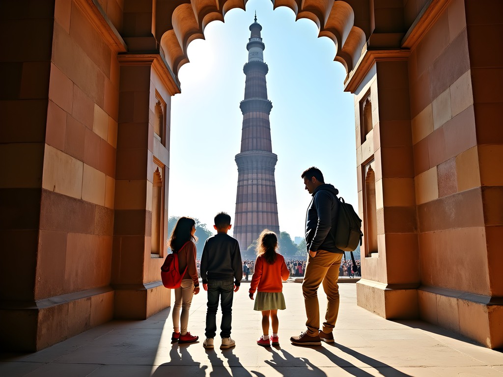 Family educational moment at Delhi's Qutub Minar with children examining historical architecture