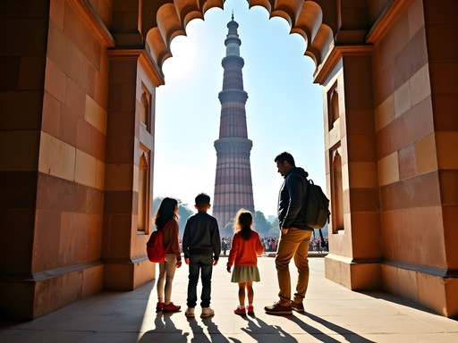 Family educational moment at Delhi's Qutub Minar with children examining historical architecture