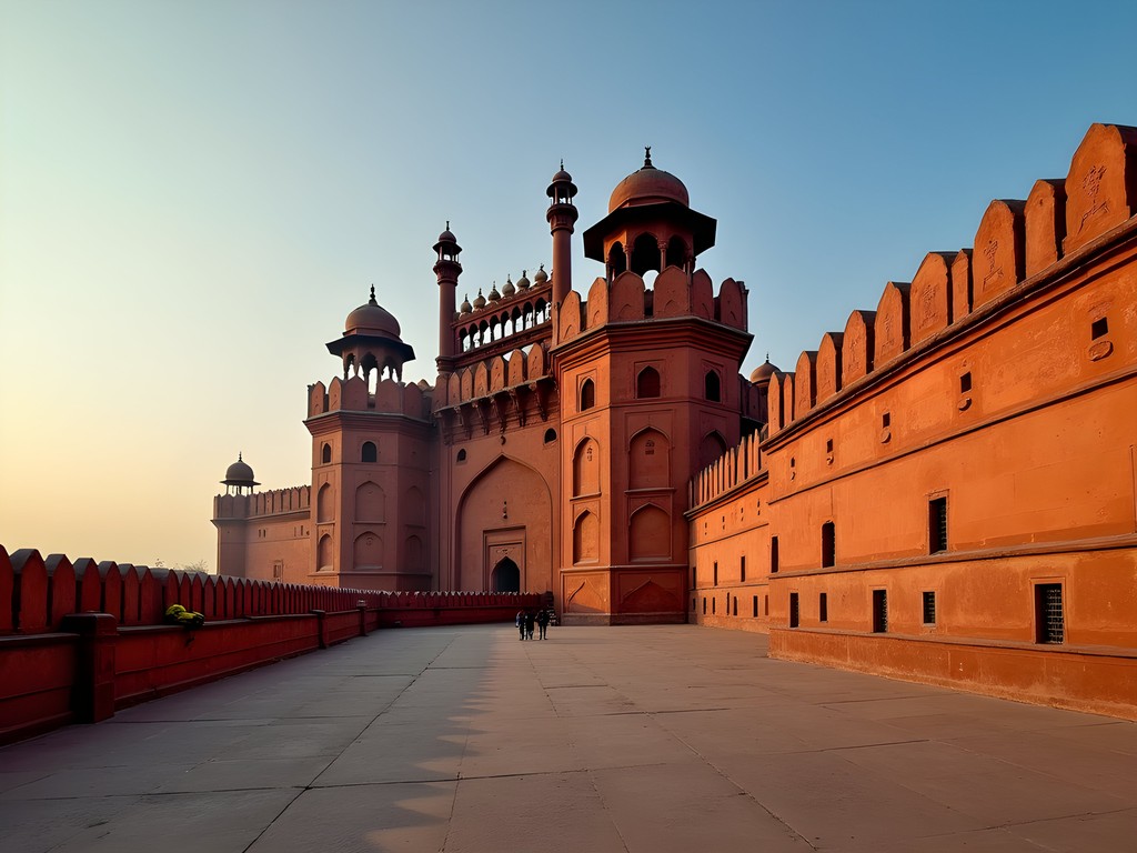 Early morning light illuminating Delhi's magnificent Red Fort with minimal crowds
