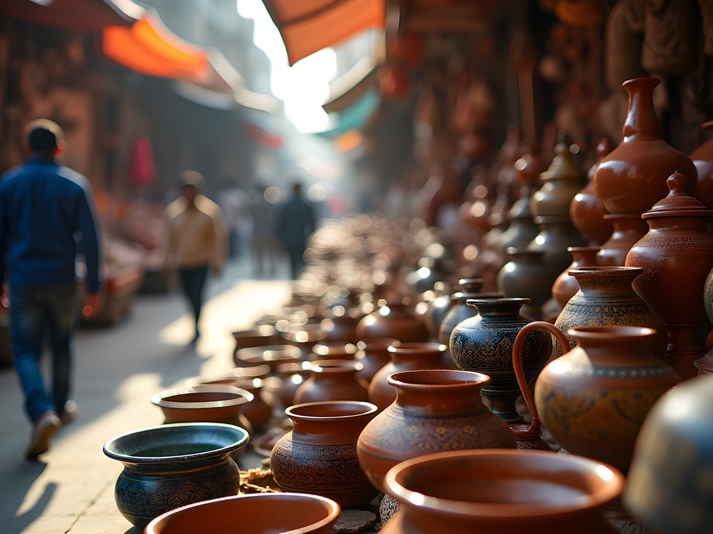 Colorful display of handcrafted ceramics at Crawford Market in Mumbai with local artisans