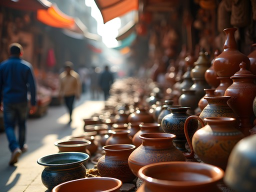 Colorful display of handcrafted ceramics at Crawford Market in Mumbai with local artisans