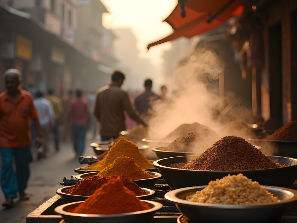 Vibrant street food scene in Old Delhi with colorful spices and traditional food vendors